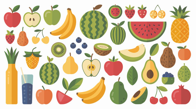 colorful fruit collection flat vector banana apple watermelon pineapple pear avocado cherry kiwi strawberry orange grape juice illustration graphic design food