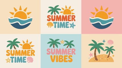 summer themed illustrations vector sun waves palm trees beach seasonal vacation holiday travel tropical design graphic artwork pattern background colorful fun © Digishopppp
