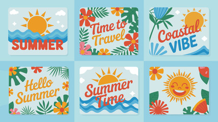 summer themed cards vector travel coastal vibe hello time sun waves flowers leaves seasonal holiday vacation illustration graphic design pattern background © Digishopppp