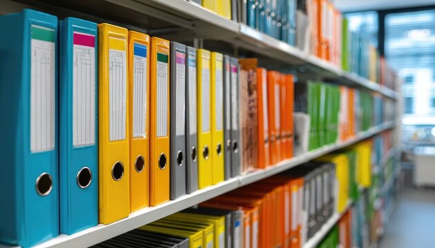 Rows of colorful ring binders fill shelves, organized for storage and retrieval