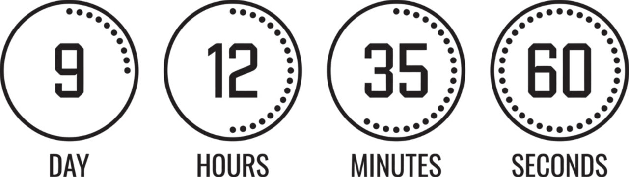 Countdown timer with numbers 9 days, 12 hours, 35 minutes and 60 seconds