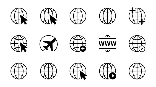 globe icons set vector black and white earth world map navigation travel internet web www plane cursor pointer plus play symbol