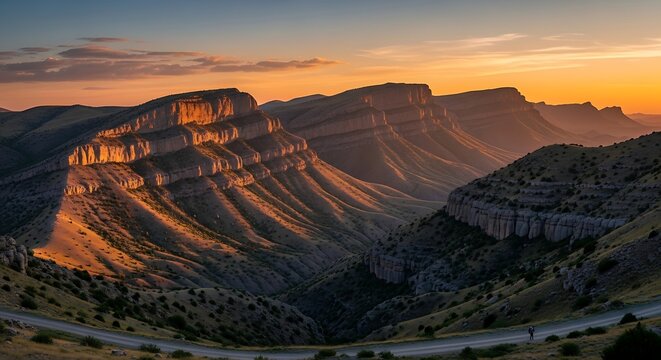 Layered Rocky Mountain Ridges Glowing at Sunset in Desert Canyon Valley