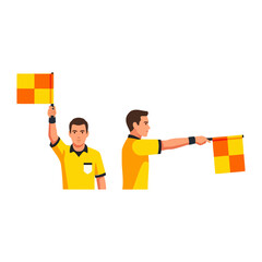 Assistant referee holding a linesman flag on a soccer field, signaling during a match. Concept of officiating, rules enforcement, fair play and game control in football. © Bagus