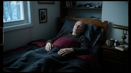 Fototapeta premium A Cinematic Portrait Of A Senior Man Resting In Bed, Embracing Stillness