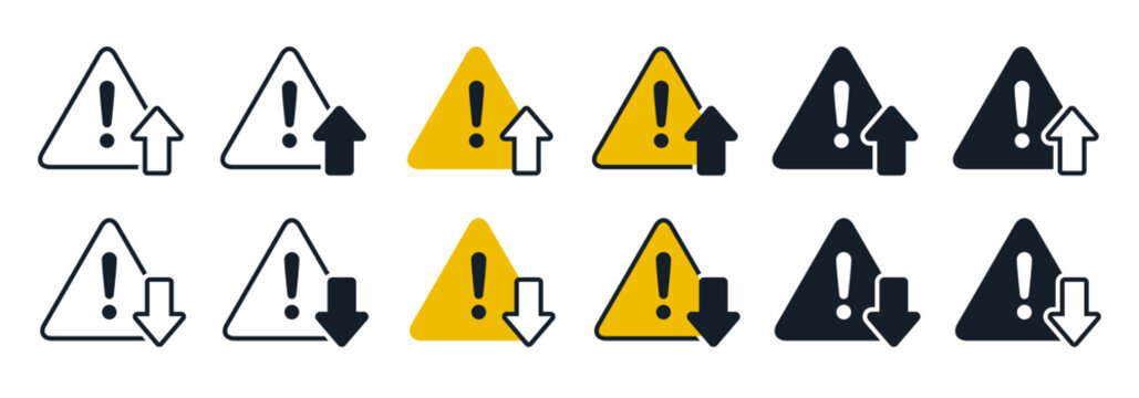 Warning alert triangle with up and down arrow trend, decrease and increase potential, low and high security threat, risk management strategy