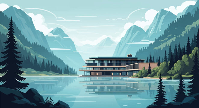 Modern architectural vector illustration featuring a multi-story glass building on the shore of a tranquil mountain lake with evergreen trees and high alpine peaks reflected in still water.