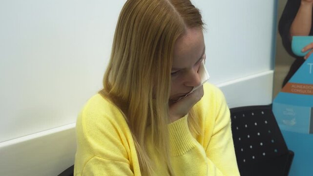Unhappy woman with severe toothache waiting in dental clinic, holding jaw in pain, representing urgent dental care needs such as tooth decay, caries, or pulpitis treatment in healthcare setting.