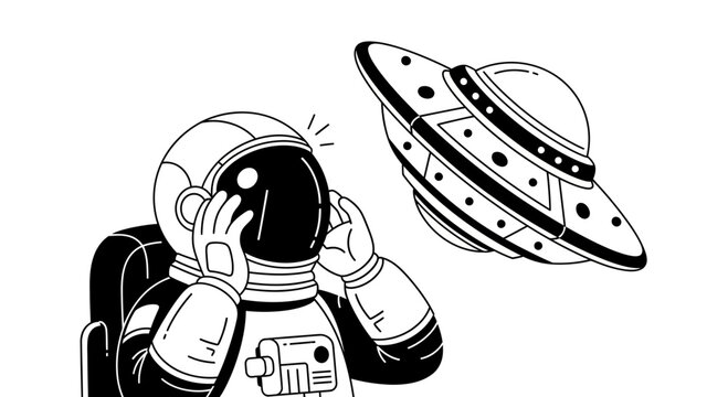 Astronaut startled by approaching UFO in outer space, black and white illustration