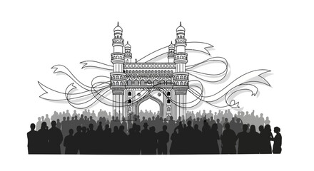 Obraz premium Charminar Landmark Monument with Crowd Silhouette and Ribbon - india independence day