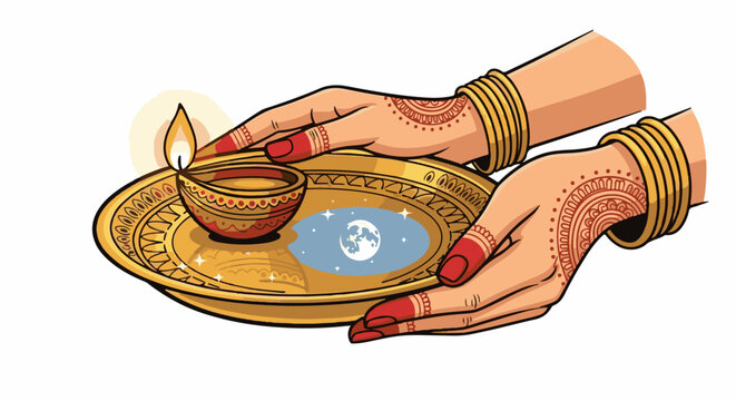 Hands adorned with henna and bangles hold a decorative plate with a lit lamp, moon, and stars