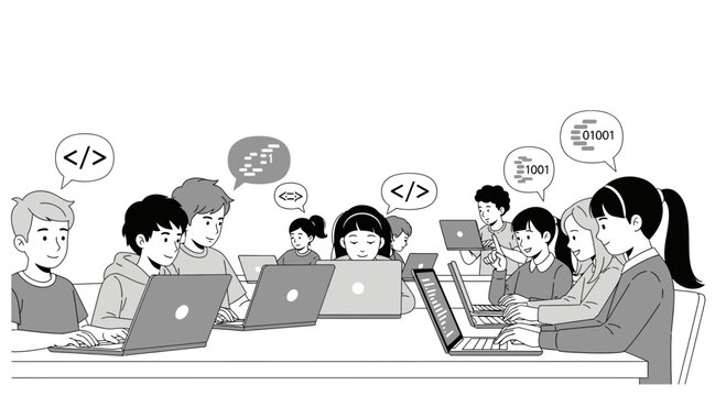Children Coding on Laptops, Learning Programming and Digital Skills