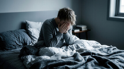 Fototapeta premium A Person In Grey Sitting On Bed With Face In Their Hands Feeling Miserable