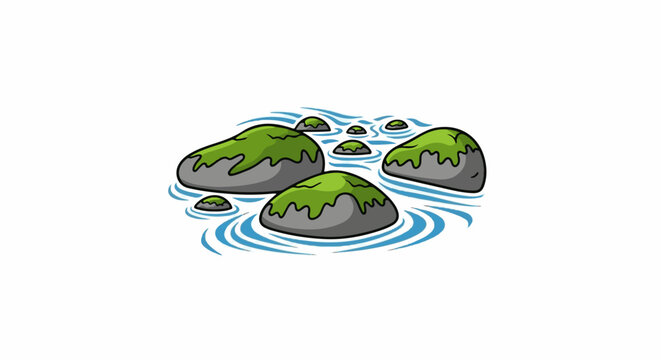 Stylized green-capped rocks rise from rippling blue water