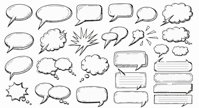 Diverse hand-drawn comic book speech and thought bubbles in various shapes and sizes