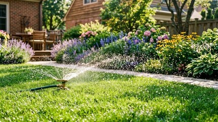 Naklejka premium Lawn sprinkler watering green grass in residential backyard garden.