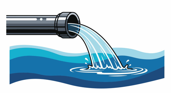 A grey pipe discharges a stream of clear water into layered blue waves