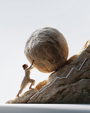 The Climb to Success: A determined individual pushes a massive boulder uphill against a clear sky.