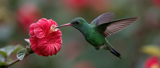 Obraz premium A beautiful emerald hummingbird gracefully hovers in front of a striking red flower, showcasing the intricate patterns of nature and the delicate interaction between species.