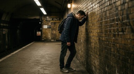 Fototapeta premium A Person Leaning Against A Brick Wall in a Dimly Lit Underground Tunnel