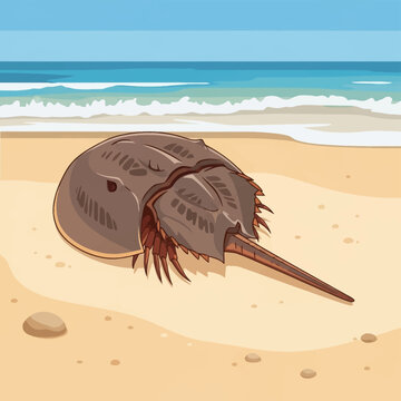Detailed vector illustration of an Atlantic horseshoe crab on a sandy beach shore with ocean waves in the background, featuring its hard carapace, segmented body, and long telson.