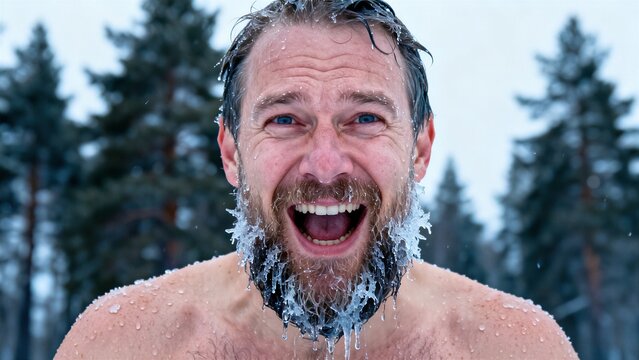 Cold plunge recovery and wellness realism concept with rugged Finnish man in cold winter outdoor portrait.