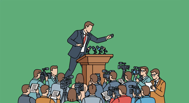 A speaker addresses a crowd of reporters and media personnel at a podium with microphones