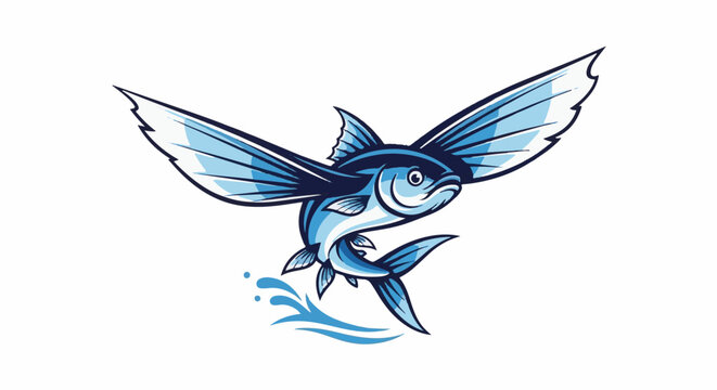 A stylized flying fish leaps from blue water with large, outstretched wings