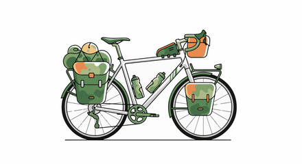 Fototapeta premium A touring bicycle laden with camping gear and water bottles for an expedition