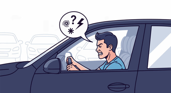 Frustrated driver in traffic expresses anger with symbols in speech bubble
