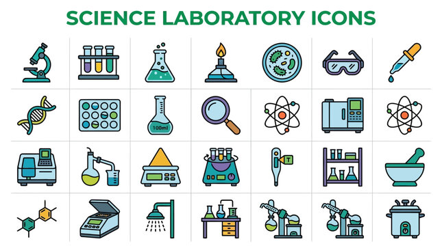 Collection of Science Laboratory Icons, featuring equipment for research and experiments like microscopes, DNA, and beakers