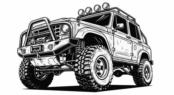 Rugged off-road vehicle with large tires, winch, and auxiliary lights