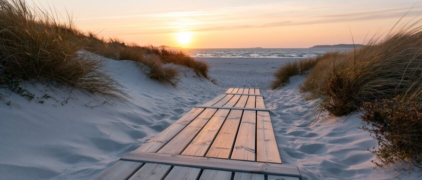 A picturesque wooden pathway meandering through sand dunes towards a stunning sunset at the beach, encapsulating tranquility and the beauty of nature.