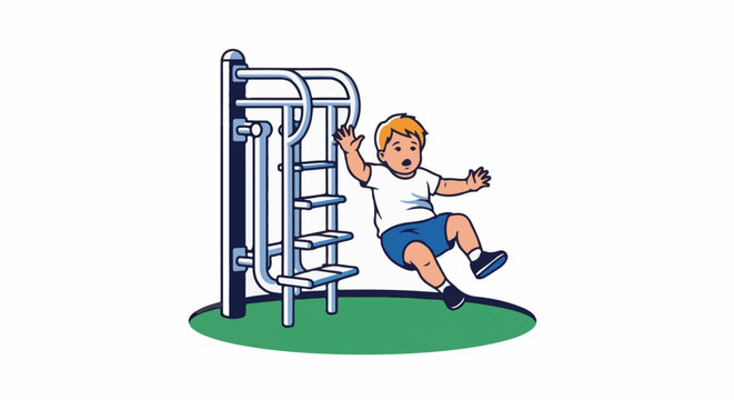 A cartoon child tumbles from playground equipment with a startled expression