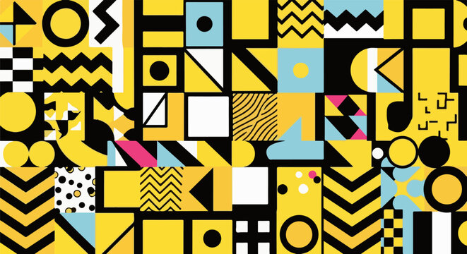 A vibrant geometric mosaic with bold shapes in yellow, black, blue, and pink