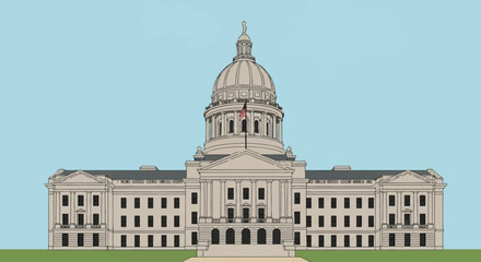 Obraz premium Vector illustration of the Kentucky State Capitol building in Frankfort, showing neoclassical architecture with its central dome, pediment, and columns on a plain blue sky background.