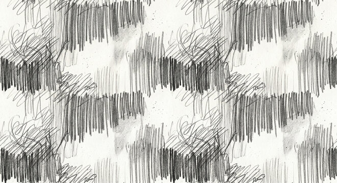 Pencil sketch seamless pattern featuring abstract graphite scribbles and vertical hatched lines on a textured white paper background surface design