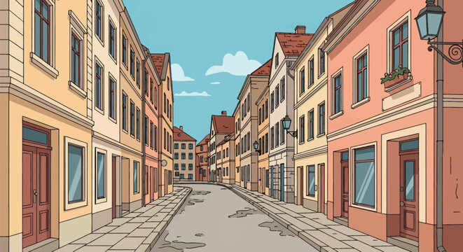 Vector illustration of a quiet European old town street featuring colorful multi-story historic buildings with gabled roofs, sidewalks, vintage street lamps, and a clear blue sky.