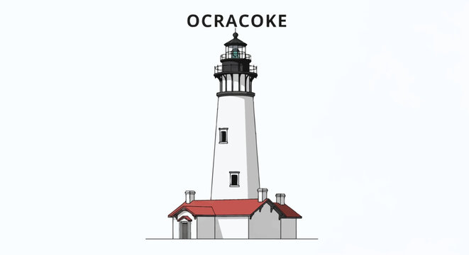 Vector illustration of the historic Ocracoke Lighthouse on Ocracoke Island in the Outer Banks of North Carolina, featuring a white tapering tower, black lantern room, and red roofed base building.