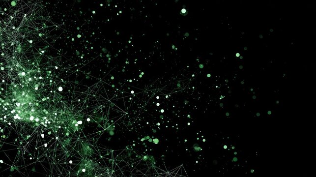 Interconnected green particles and nodes bloom and drift across blackness