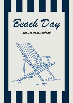 Beach Day poster template with deck chair line drawing. Summer pool and cocktail party invitation or menu layout with vertical stripes. Nautical theme flyer.