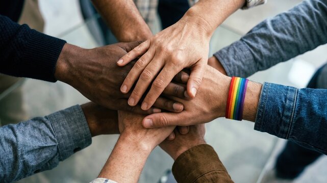 Diverse hands stacked together with pride wristband representing unity support and inclusion