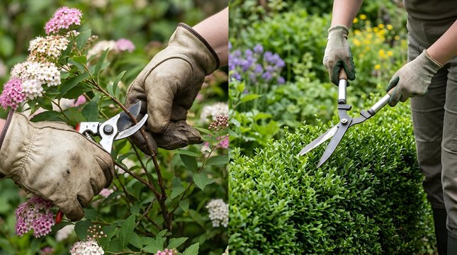Gardening activity focused on pruning blooming shrubs and shaping lush green bushes with shears for landscape upkeep and cultivating vibrant outdoor spaces in a flourishing garden environment