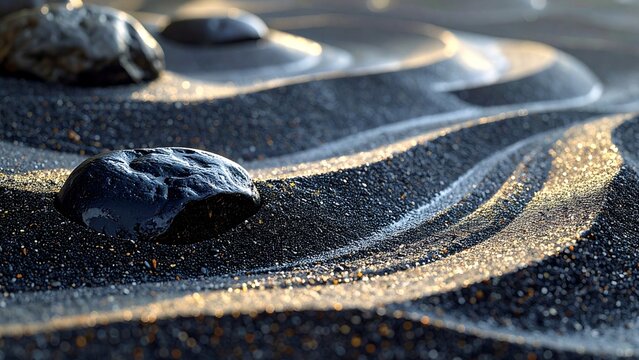 Black zen stones on glittering dark sand ripples, golden morning light on Japanese karesansui garden

きらめく黒砂の波紋に置かれた禅の石、黄金の朝日に輝く日本の枯山水庭園