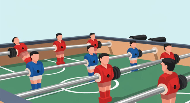 Vector illustration of a tabletop foosball game featuring red and blue plastic players mounted on silver metal rods over a green pitch with white sports field markings.