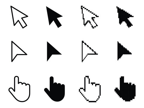 Mouse Cursor and Hand Pointer Icon Set. Computer Arrow Click Symbol. Vector Illustration.