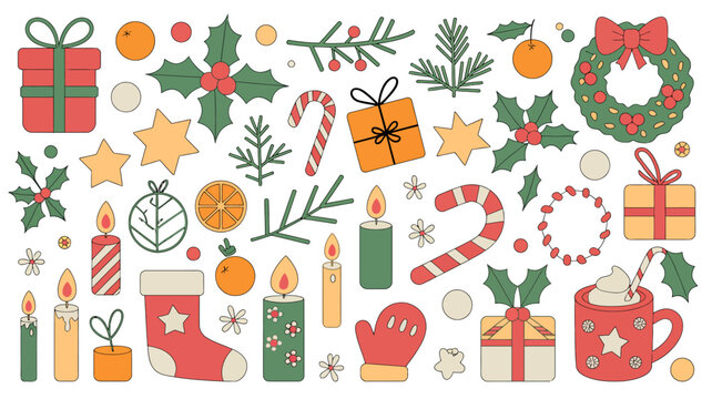 christmas illustration with colorful festive elements gifts candles holly wreath candy cane stocking mitten orange star vector flat icon pattern seasonal