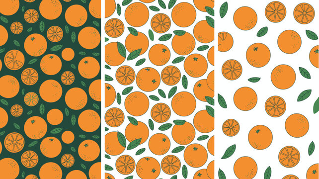 three orange patterns on different backgrounds pattern background fruit citrus slice leaf green white brown vector illustration design graphic repeating food