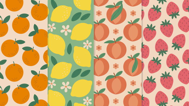 four distinct fruit patterns vector pattern orange lemon peach strawberry illustration colorful design graphic food nature background print texture repeating element