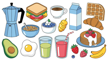 breakfast food items vector illustration coffee sandwich milk waffle croissant pancake avocado egg juice strawberry banana cartoon simple colorful healthy meal © Nargis